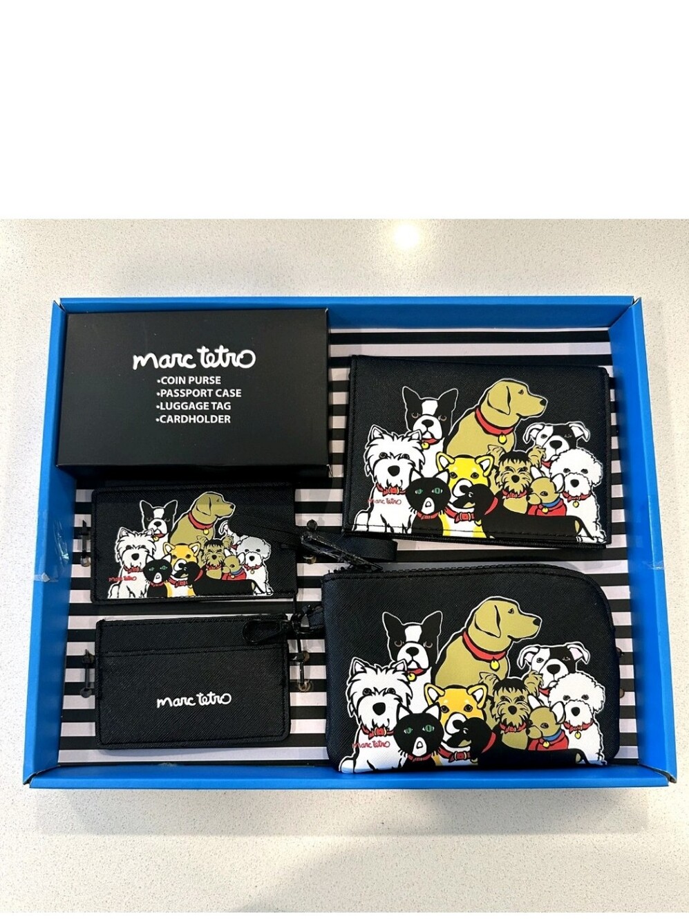 Marc Tetro Dogs 4 PC Set Coin Purse Passport Case Luggage Tag Cardholder
